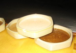 Asuka's three sauces: mustard sauce (left), some unremembered soy-based sauce (right), 'yummy' sauce (top)
