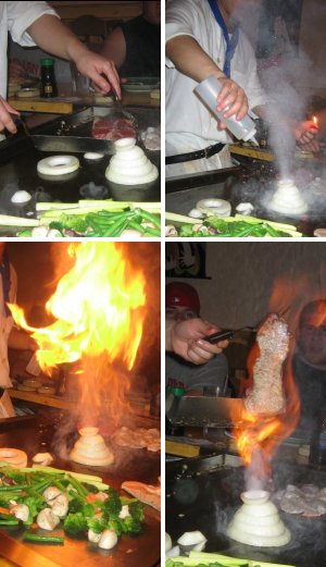 Our chef at Asuka builds an onion volcano (upper left), fills it with alcohol (upper right), lights it on fire (lower left), and cooks a steak on the flames (lower right)