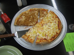 Half sausage, half pineapple pizza at Baldy's Pizzeria