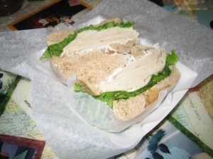 Turkey sandwich at Bloomington Bagel Company, with garlic herb schmear and lettuce.