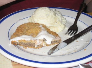 Kira's meal at Bob Evans: chicken fried steak and mashed potatoes