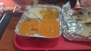 Upper right: daal. Lower left: chicken tika masala. Lower right: some kind of cheese dish.